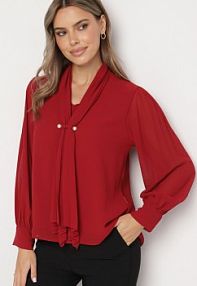 Bordowa bluzka z Krawatką i Plisowanymi Rękawami Woldu Born2Be damska