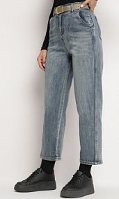 Jasnoniebieskie Klasyczne jeansy Boyfriend z Bawełny z Paskiem i Wysokim Stanem Attelara Born2Be damskie