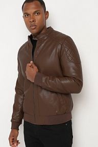 Brązowa ramoneska Kurtka w Stylu Motocyklowym ze Stójką Tinina Born2Be