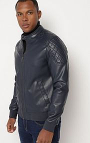 Granatowa ramoneska Kurtka w Stylu Motocyklowym ze Stójką Tinina Born2Be