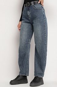 Niebieskie jeansy z Bawełny o Kroju Boyfriend z Wysokim Stanem i Paskiem Itteria Born2Be damskie