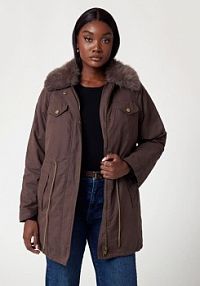 Parka z kołnierzem ze sztucznego futra  brązowa Guess