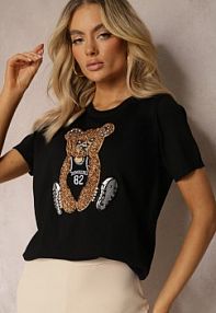 Czarna bluzka z Wiskozy z Naszywką Misia z Wełny z Cyrkoniami i Perełkami Ophirai Renee damska