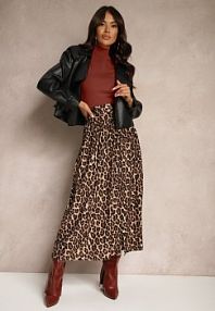 Beżowa Rozkloszowana spódnica z Wiskozy w Panterkę High Waist z Gumką w Talii Vimashira belcci