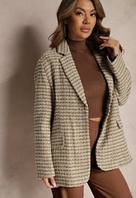 Szaro-Beżowa Tweedowa Marynarka Jednorzędowa z Ozdobnymi Guzikami Arielitta jus de pom