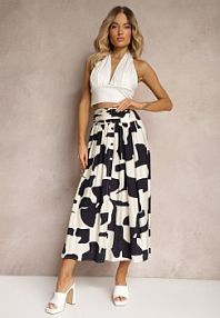 Biało-Granatowa Rozkloszowana spódnica High Waist z Gumką w Talii i Guzikami Tinasshi belcci