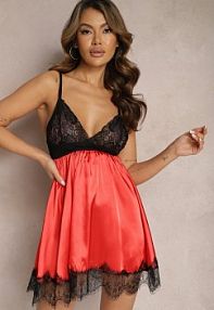 Czarno-Czerwona koszula nocna na Ramiączkach z Wstawkami z Koronki Amarylia han