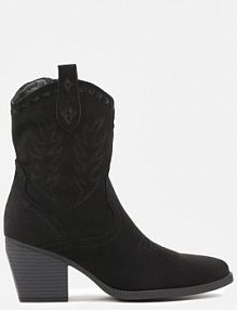 Czarne Ekozamszowe Botki Typu kowbojki na Obcasie z Haftem przy Cholewce Lemiella Renee