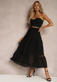 Czarna spódnica maxi Rozkloszowana z Ozdobną Tasiemką z Koronki Rionette sweet&girl
