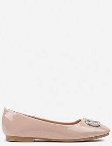 Beżowe Balerinki Lakierowane na Płaskiej Podeszwie z Aplikacją z Cyrkonii Mariselina Renee