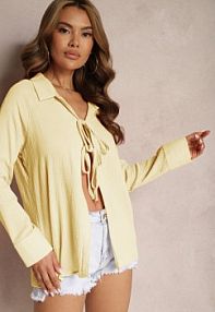 Żółta Casualowa bluzka z Bawełny Wykończona Wiązaniem i Kołnierzykiem Cyrilla Renee damska