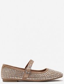 Ciemnobeżowe Balerinki na Płaskiej Podeszwie Mary Jane z Cyrkoniami Jomelia Renee