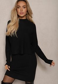 Czarny Komplet z Dzianiny sukienka bez Rękawów i Półgolf Nietoperz Isabeline Renee