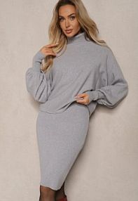 Szary Komplet z Prążkowanej Dzianiny Golf z Bufiastymi Rękawami i sukienka na Ramiączkach Belianora Renee