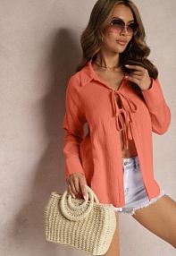 Pomarańczowa Casualowa bluzka z Bawełny Wykończona Wiązaniem i Kołnierzykiem Cyrilla Renee damska