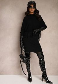 Czarny Komplet z Wiskozą w Prążki Dopasowana sukienka i Nietoperzowa Bluzka z Frędzlami Vaiella Renee