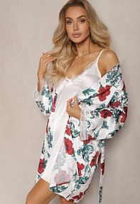 Czerwono-Bialy Zestaw Satynowy koszula nocna z Koronką i Szlafrok z Wiązanym Paskiem Everielle Renee