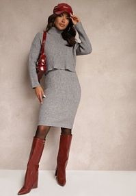 Szary Komplet Prążkowany z Dodatkiem Wełny sukienka Dopasowana Bez Rękawów i Golf Rialina Renee