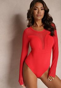 Czerwone Wiskozowe body z Transparentnymi Wstawkami i Zapięciem na Haftki Maivia Renee