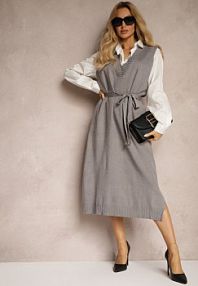 Szary Komplet Koszula i Dzianinowa sukienka Wiązana w Talii Zetitana Renee
