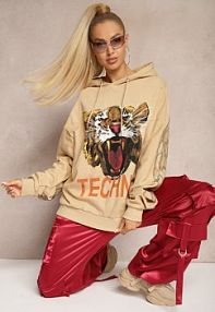 Beżowa bluza z Bawełny z kapturem Ozdobiona Cyrkoniami i Nadrukiem Eridale Renee damska