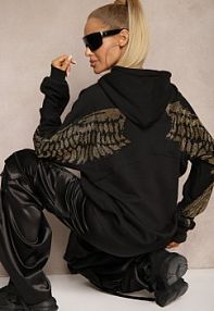 Czarna bluza z Bawełny z kapturem Ozdobiona Cyrkoniami i Nadrukiem Eridale Renee damska