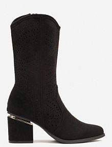 Czarne Botki Typu kowbojki na Obcasie z Ażurową Cholewką Mevien Renee