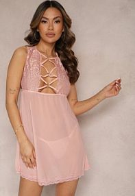 Różowa Siateczkowa koszula nocna ze Stringami z Ozdobnymi Paskami i Koronką Przy Dekolcie Torinda yuna