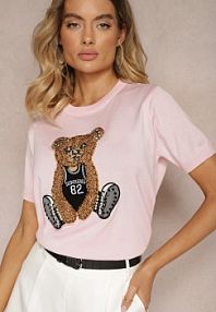 Różowa bluzka z Wiskozy z Naszywką Misia z Wełny z Cyrkoniami i Perełkami Ophirai Renee damska