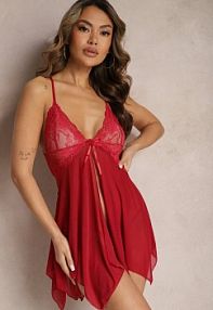 Bordowa Koronkowa koszula nocna na Ramiączkach z Kokardką i Stringi Jindra Renee