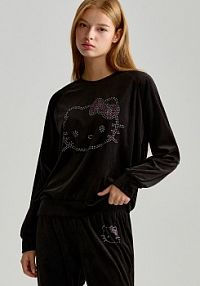 Bluza crewneck z aplikacją z dżetów Hello Kitty House czarna damska 180CL-99X