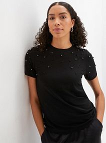 T-shirt z aplikacją z perełek  damska Bonprix