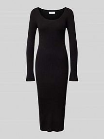 Sukienka midi z głębokim, okrągłym dekoltem model Angila moves czarna EAN Rib Strech Midi