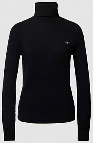 Golf z mieszanki lnu z wyhaftowanym logo Gant czarny damski EAN 4800511