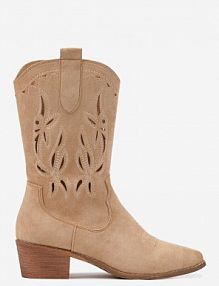 Ciemnobeżowe Botki Vices na Słupku kowbojki z Ażurową Cholewką Rivori