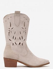 Jasnobeżowe Botki Vices na Słupku kowbojki z Ażurową Cholewką Rivori