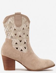 Ciemnobeżowe Botki kowbojki Vices na Słupku z Geometrycznym Motywem Sarori