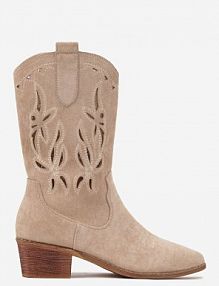 Beżowe Botki Vices na Słupku kowbojki z Ażurową Cholewką Rivori
