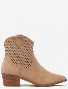 Ciemnobeżowe Botki kowbojki Vices na Słupku z Ażurową Cholewką Elfedi