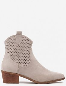 Jasnobeżowe Botki kowbojki Vices na Słupku z Ażurową Cholewką Elfedi