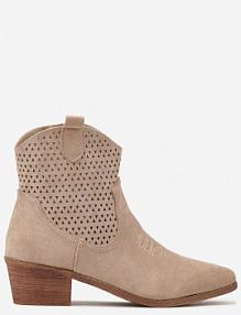 Beżowe Botki kowbojki Vices na Słupku z Ażurową Cholewką Elfedi