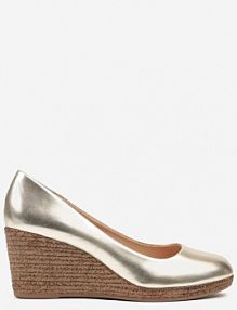 Złote Czółenka Vices ze Skórzaną Wkładką na Plecionym Koturnie Serapne damskie