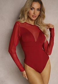 Bordowe Wiskozowe body z Transparentnymi Wstawkami i Zapięciem na Haftki Maivia Renee