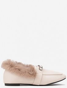 Beżowe mokasyny na Płaskiej Podeszwie z Futerkiem i Metaliczną Ozdobą Emalorae Renee damskie