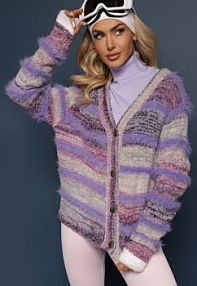 Fioletowy Rozpinany kardigan z Wiskozą i Wełną w Paski Esamara Renee