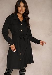 Czarna sukienka o Koszulowym Kroju z Paskiem i Eleganckimi Guzikami Torlina Renee