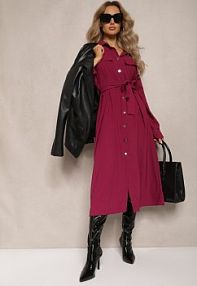 Bordowa Rozkloszowana sukienka o Koszulowym Kroju z Guzikami Wiązana w Talii Kortiana Renee