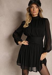 Czarna Rozkloszowana sukienka z Półprzeźroczystymi Wstawkami i Stójką Gelabine Renee