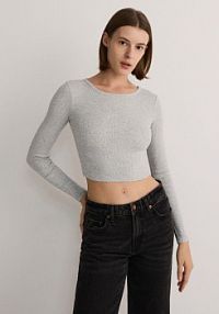 Krótki bawełniany longsleeve Reserved szary damski 1635I-09M