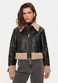 Kurtka skórzana Sisley czarna damska Z imitacji skóry